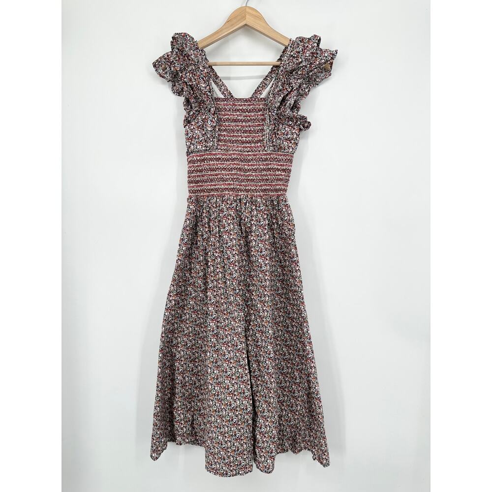 Anthropologie OPT Scilla Midi Dress Floral Ruffle V-Neck Smocked, Purple/ Red - Picture 7 of 11